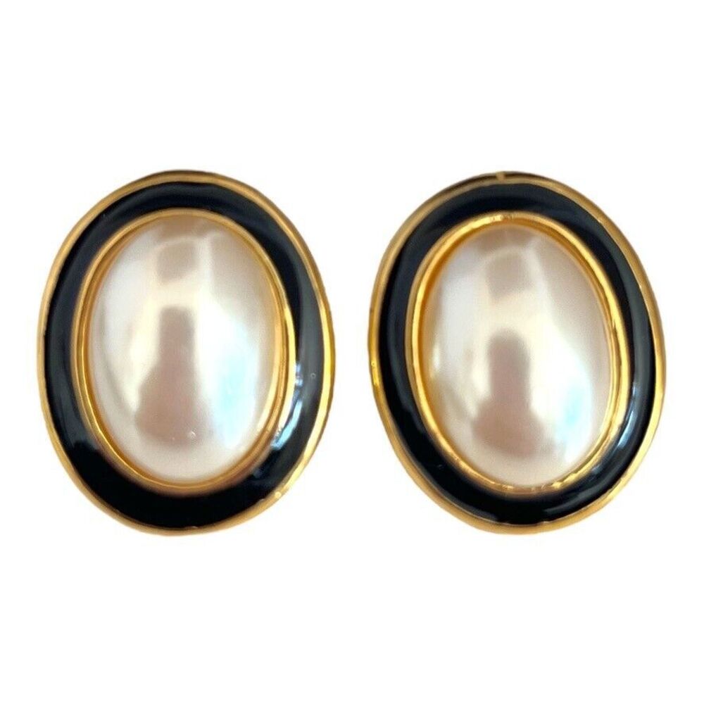 Vintage 1980s Pearl Earrings Gold Tone Black Enamel Pierced - 1P